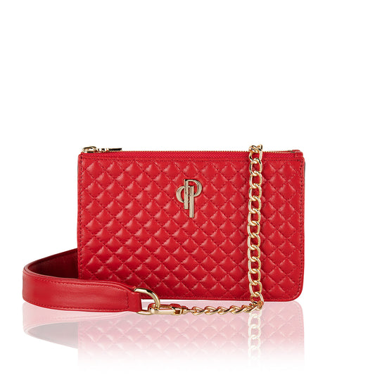 Red Quilted multifunctional fannypack and crossbody genuine lambskin leather bag with gold hardware